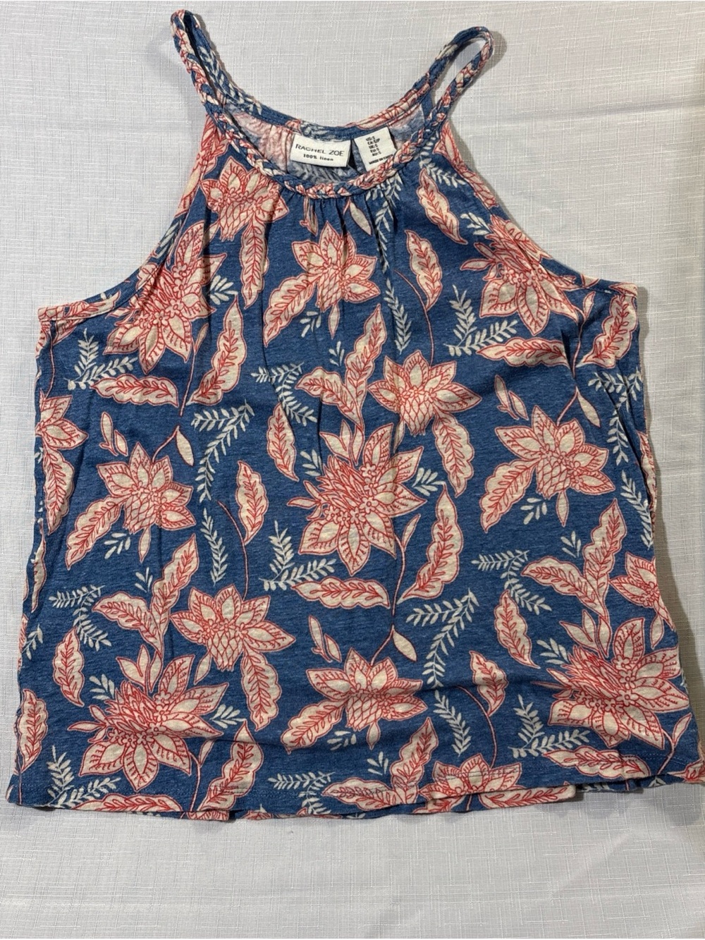 Rachel Zoe Sleeveless Tank Crop Top  100% Linen Floral Blue & Red Size Small